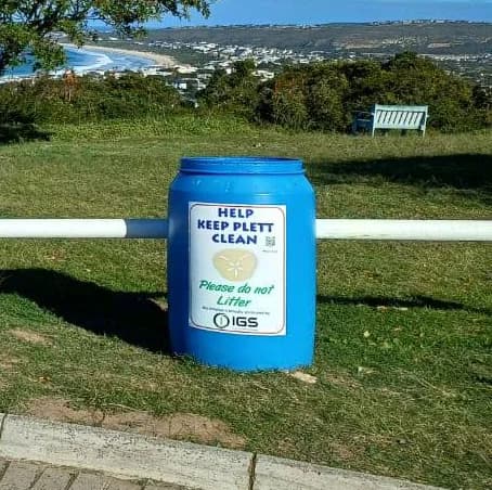 Keep Plett Clean blue bin overlooking Plettenberg Bay with IGS sponsorship